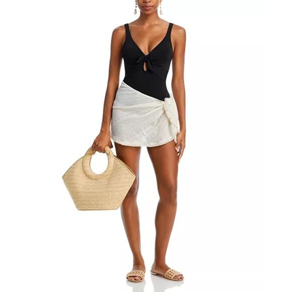 Robin Piccone Ava Plunge Neck Tie-Front One Piece Swimsuit size 4 - Picture 2 of 8